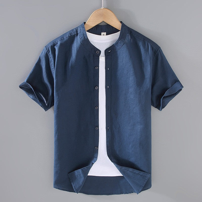 Camisa de lino hombre — cuello banda manga corta — ropa casual playa